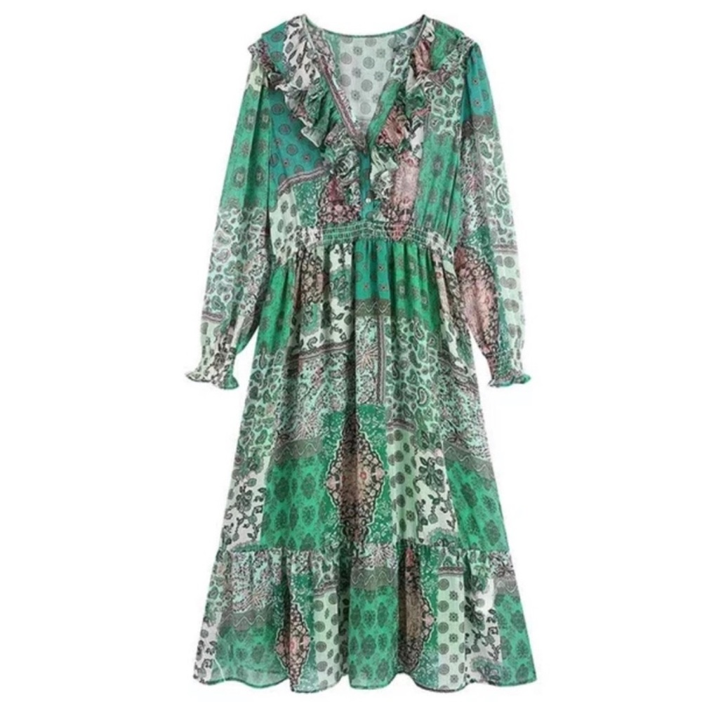 Zara Women Patchwork Print Long Sleeve Midi Dress Sz Large Green Floral Boho